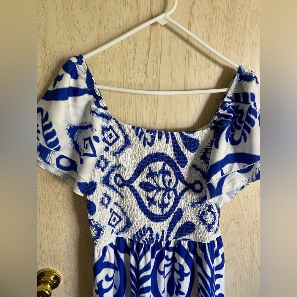 EFJONE Blue & White Allover Print Stretch Top Layer Sleeve Tiered Greek Dress XL - Picture 7 of 9